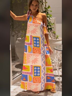 One-Shoulder Multicolor Graphic Maxi Dress with Tie Strap